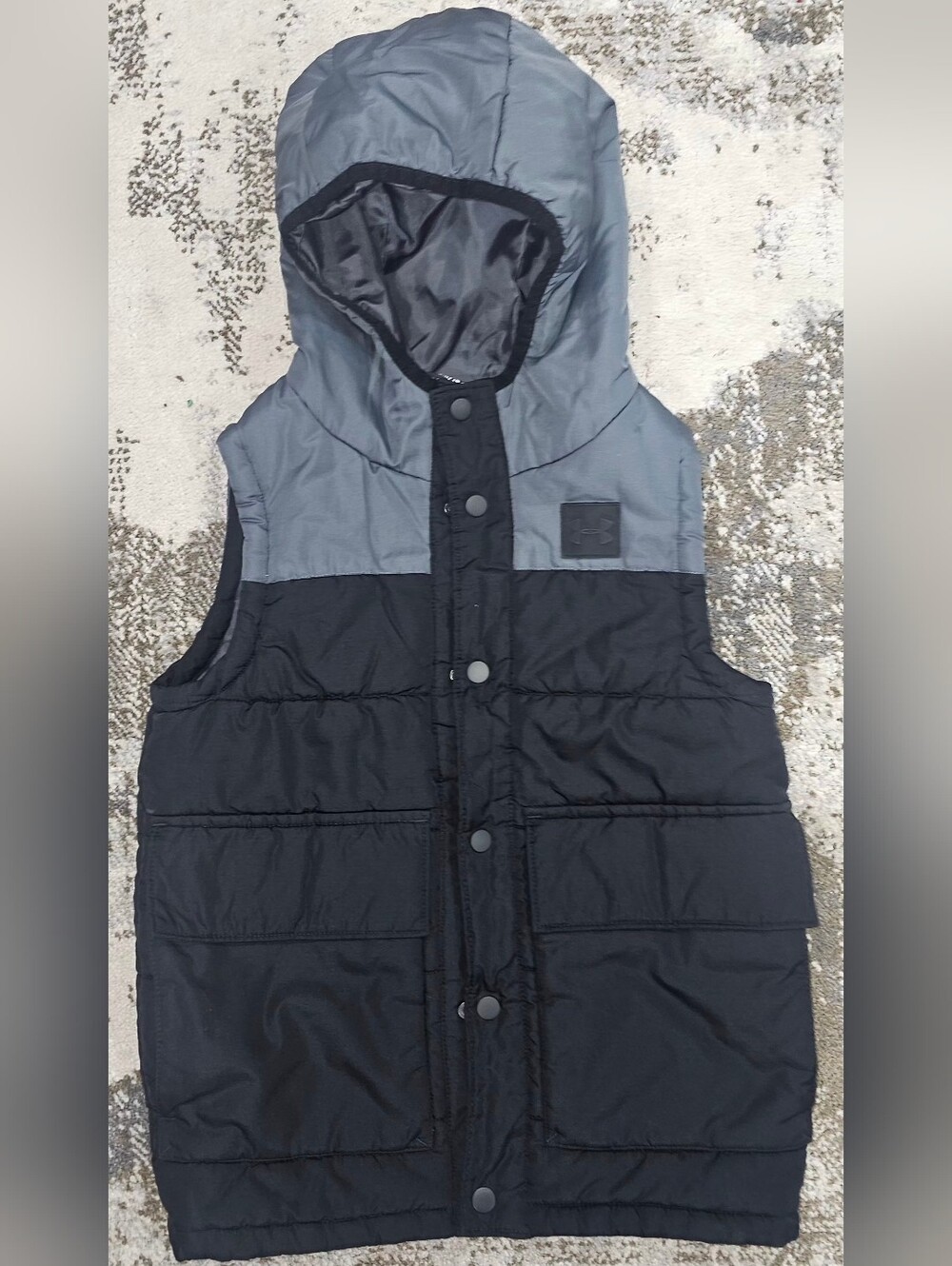 Under Armour Two-Tone Hooded Puffer Vest in Black and Gray